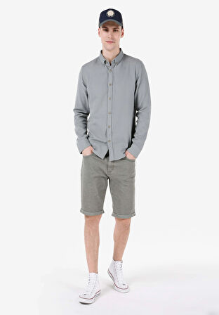 Slim Fit Shirt Neck Düz Erkek Yeşil Uzun Kol Gömlek