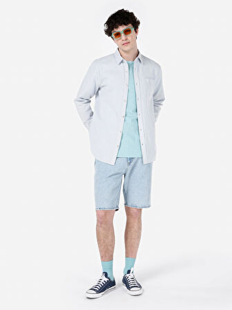 Normal Kesim Shirt Yaka Cepli Mavi Erkek Uzun Kol Gömlek Cl1069260