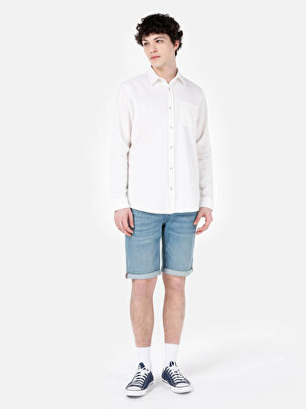 Normal Kesim Shirt Yaka Cepli Beyaz Erkek Uzun Kol Gömlek Cl1069260
