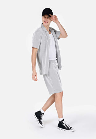 Regular Fit Shirt Neck Jakarlı Erkek Gri Kısa Kol Tişört