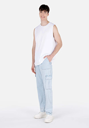 Cargo Fit Orta Bel Düz Paça Erkek Mavi Jean Pantolon