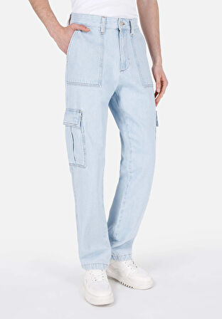 Cargo Fit Orta Bel Düz Paça Erkek Mavi Jean Pantolon