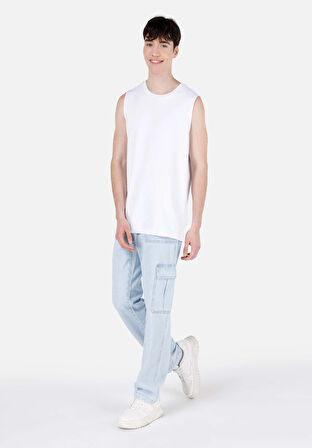 Cargo Fit Orta Bel Düz Paça Erkek Mavi Jean Pantolon