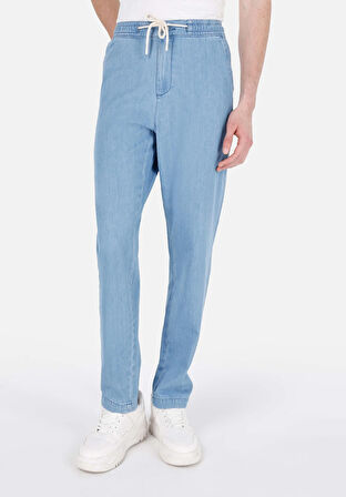 Jogger Fit Orta Bel Düz Paça Erkek Mavi Jean Pantolon