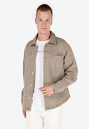 Oversize Fit Klasik Yaka Düz Erkek Bej Uzun Kol Gömlek