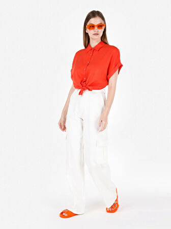 991 Aster Kargo Kesim Yüksek Bel Geniş Paça Beyaz Kadın Pantolon