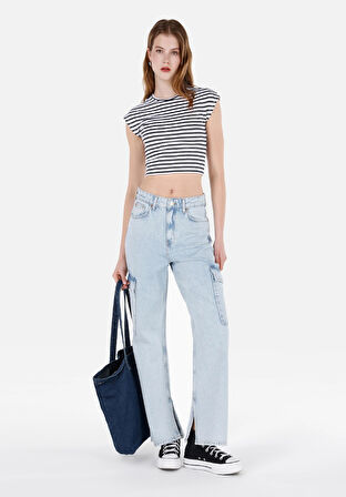 Cargo Fit Yüksel Bel Daralan Paça Kadın Mavi Jean Pantolon