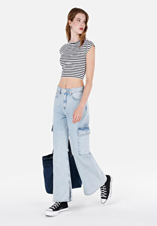 Cargo Fit Yüksel Bel Daralan Paça Kadın Mavi Jean Pantolon