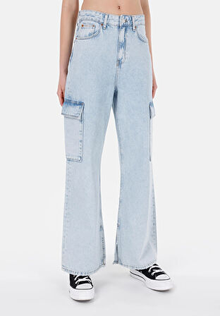 Cargo Fit Yüksel Bel Daralan Paça Kadın Mavi Jean Pantolon