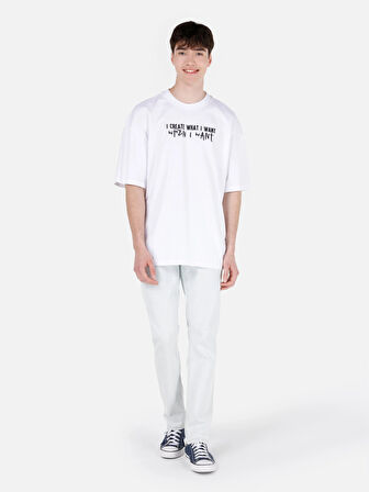 Rahat Kesim Bisiklet Yaka Baskılı Beyaz Erkek Kısa Kol Tişört Cl1070039