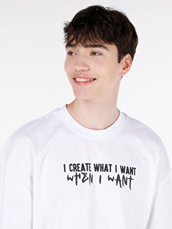 Rahat Kesim Bisiklet Yaka Baskılı Beyaz Erkek Kısa Kol Tişört Cl1070039