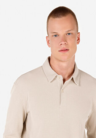 Regular Fit Polo Yaka Jakarlı Erkek Bej Uzun Kol Tişört