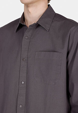Regular Fit Shirt Neck Düz Erkek Gri Uzun Kol Gömlek Cl1070136