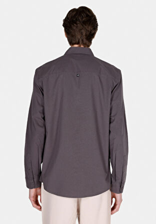 Regular Fit Shirt Neck Düz Erkek Gri Uzun Kol Gömlek Cl1070136