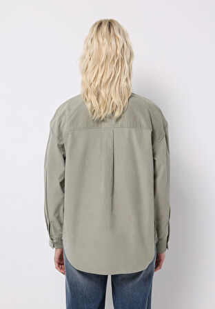 Regular Fit Shirt Neck Düz Kadın Yeşil Uzun Kol Gömlek