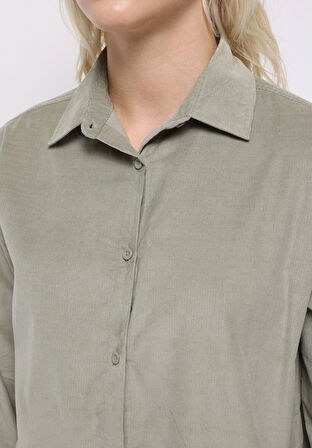 Regular Fit Shirt Neck Düz Kadın Yeşil Uzun Kol Gömlek