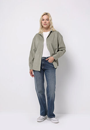 Regular Fit Shirt Neck Düz Kadın Yeşil Uzun Kol Gömlek