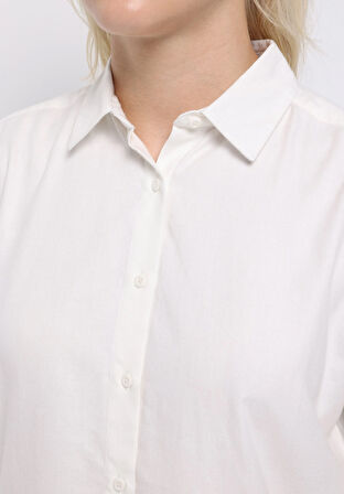 Regular Fit Shirt Neck Düz Kadın Beyaz Uzun Kol Gömlek