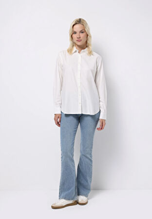 Regular Fit Shirt Neck Düz Kadın Beyaz Uzun Kol Gömlek