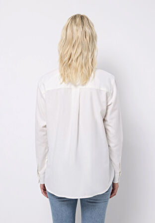 Regular Fit Shirt Neck Düz Kadın Beyaz Uzun Kol Gömlek
