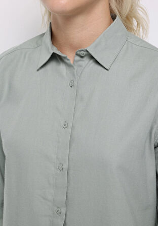 Regular Fit Shirt Neck Düz Kadın Yeşil Uzun Kol Gömlek