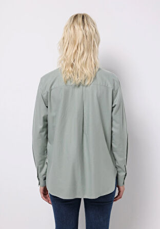 Regular Fit Shirt Neck Düz Kadın Yeşil Uzun Kol Gömlek