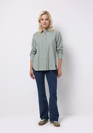 Regular Fit Shirt Neck Düz Kadın Yeşil Uzun Kol Gömlek