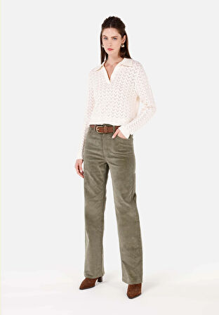 Regular Fit Yüksel Bel Geniş Paça Kadın Yeşil  Pantolon