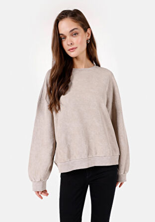 Comfort Fit Yuvarlak Yaka  Kadın Bej Sweatshirt