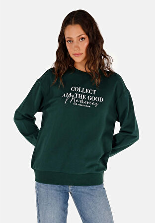 Regular Fit Yuvarlak Yaka Baskılı Kadın Yeşil Sweatshirt