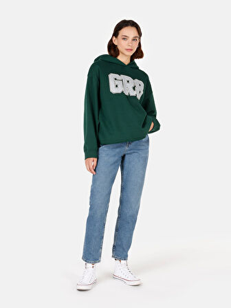 Normal Kesim Kapüşonlu Baskılı Yeşil Kadın Sweatshirt Cl1070247