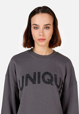 Comfort Fit Yuvarlak Yaka  Kadın Antrasit Sweatshirt
