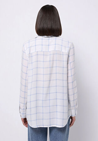 Regular Fit Shirt Neck Ekoseli Kadın Mavi Uzun Kol Gömlek