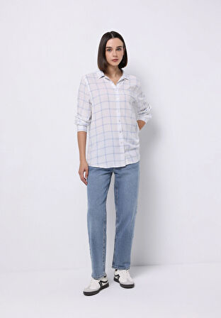 Regular Fit Shirt Neck Ekoseli Kadın Mavi Uzun Kol Gömlek