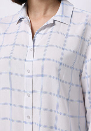 Regular Fit Shirt Neck Ekoseli Kadın Mavi Uzun Kol Gömlek