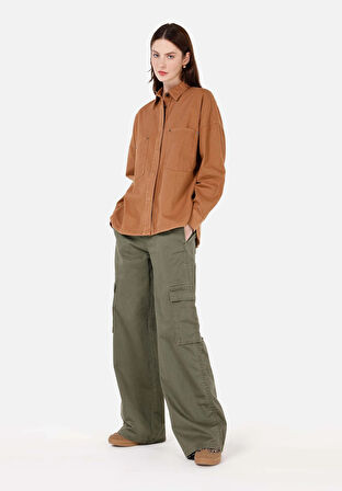 Relax Fit Shirt Neck  Kadın Kahverengi Roll-up Gömlek