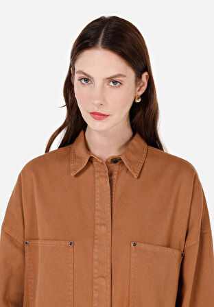 Relax Fit Shirt Neck  Kadın Kahverengi Roll-up Gömlek