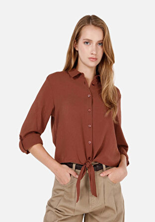 Regular Fit Shirt Neck  Kadın Kahverengi Roll-up Gömlek