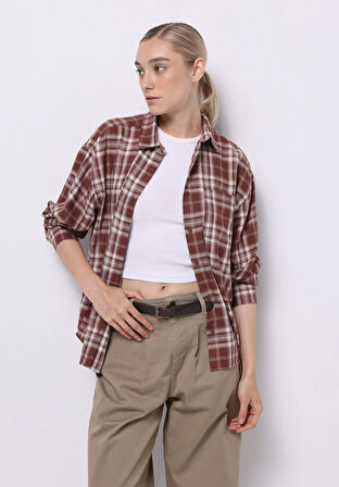 Relax Fit Shirt Neck Ekoseli Kadın Kahverengi Uzun Kol Gömlek