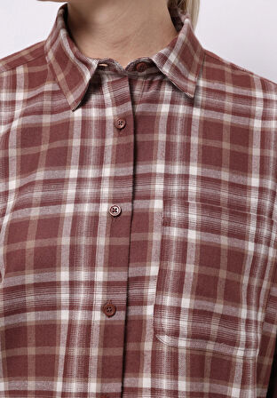 Relax Fit Shirt Neck Ekoseli Kadın Kahverengi Uzun Kol Gömlek