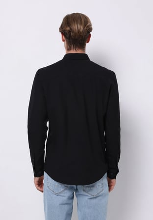 Slim Fit Shirt Neck Düz Erkek Siyah Uzun Kol Gömlek