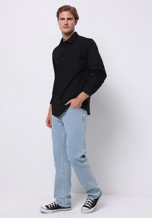 Slim Fit Shirt Neck Düz Erkek Siyah Uzun Kol Gömlek