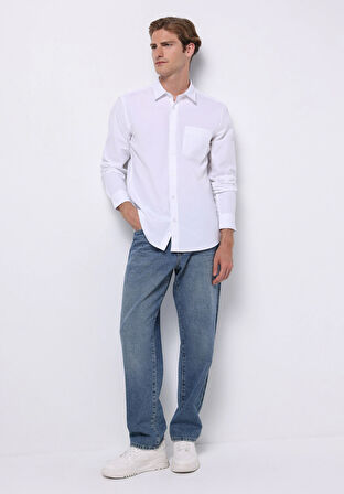 Slim Fit Shirt Neck Düz Erkek Beyaz Uzun Kol Gömlek