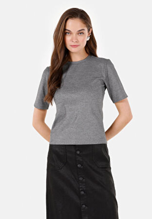 Slim Fit Yuvarlak Yaka  Kadın Gri Kısa Kol Tişört