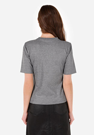 Slim Fit Yuvarlak Yaka  Kadın Gri Kısa Kol Tişört
