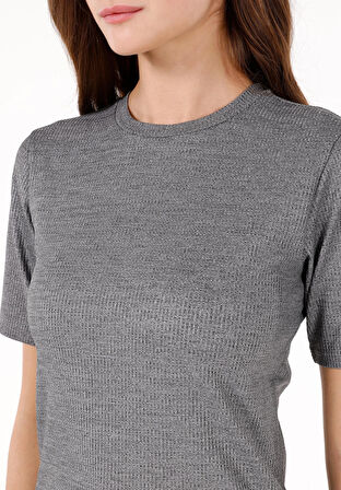 Slim Fit Yuvarlak Yaka  Kadın Gri Kısa Kol Tişört