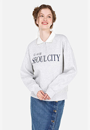 Regular Fit Polo Yaka  Kadın Gri Sweatshirt