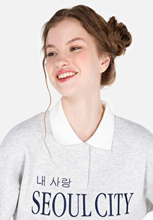 Regular Fit Polo Yaka  Kadın Gri Sweatshirt