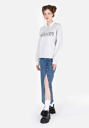 Regular Fit Polo Yaka  Kadın Gri Sweatshirt