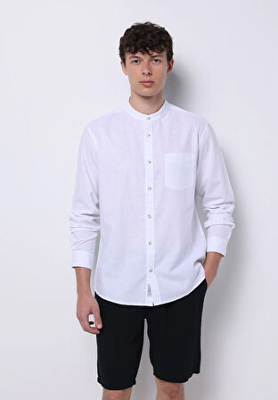 Regular Fit Hakim Yaka Düz Erkek Keten Karışımlı Beyaz Uzun Kol Gömlek